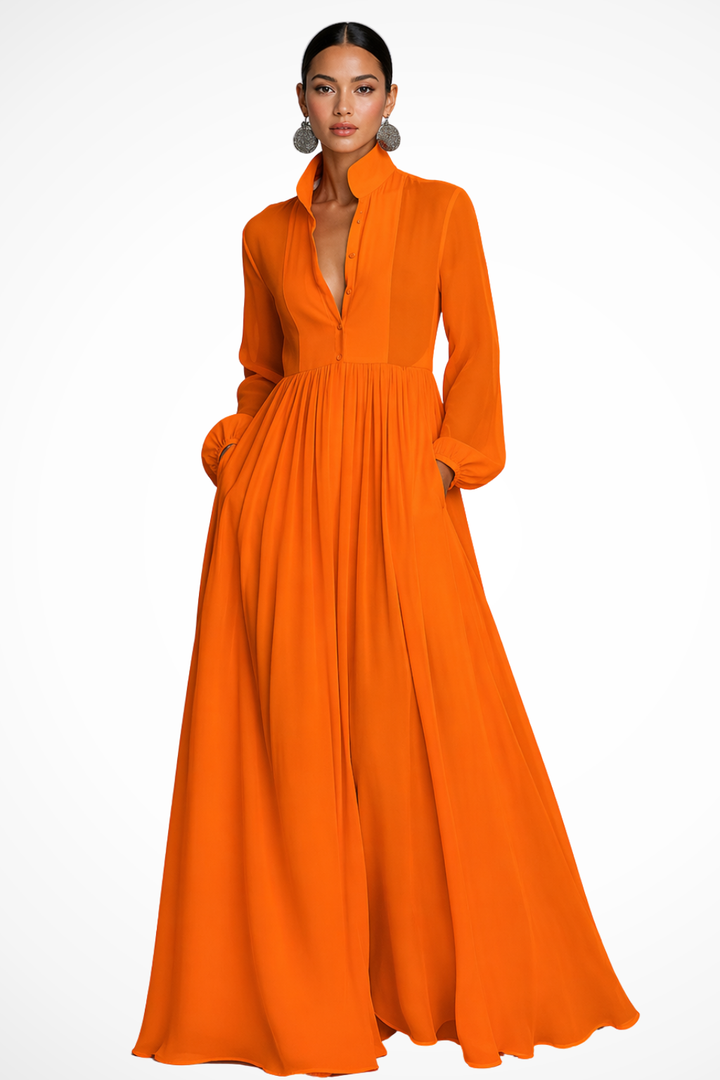 Versatile women's long sleeve maxi dress with pockets, button front design, great for any occasion.
