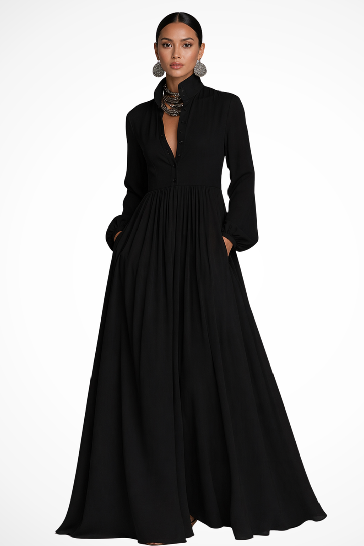 Women's button front long sleeve flowy maxi dress, perfect for spring fashion & comfortable casual wear.