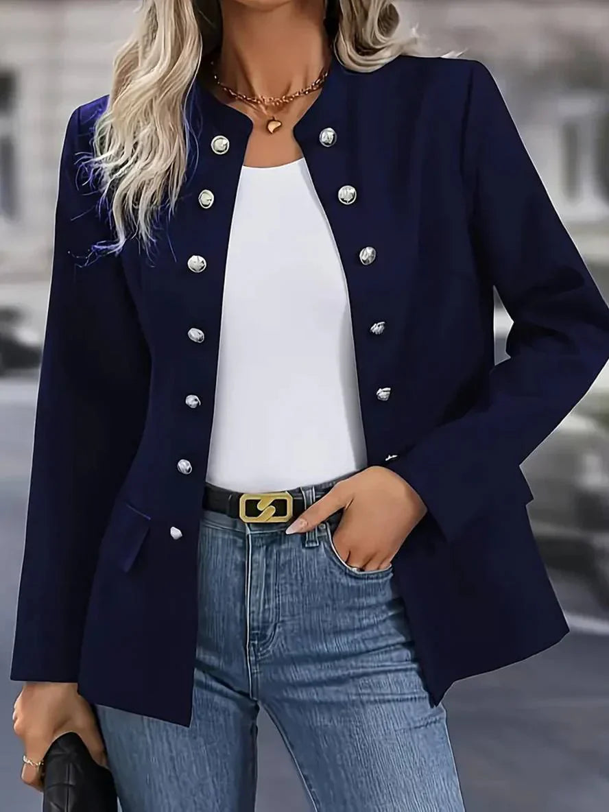 Classic military button-down blouse for women, long sleeves, timeless style.