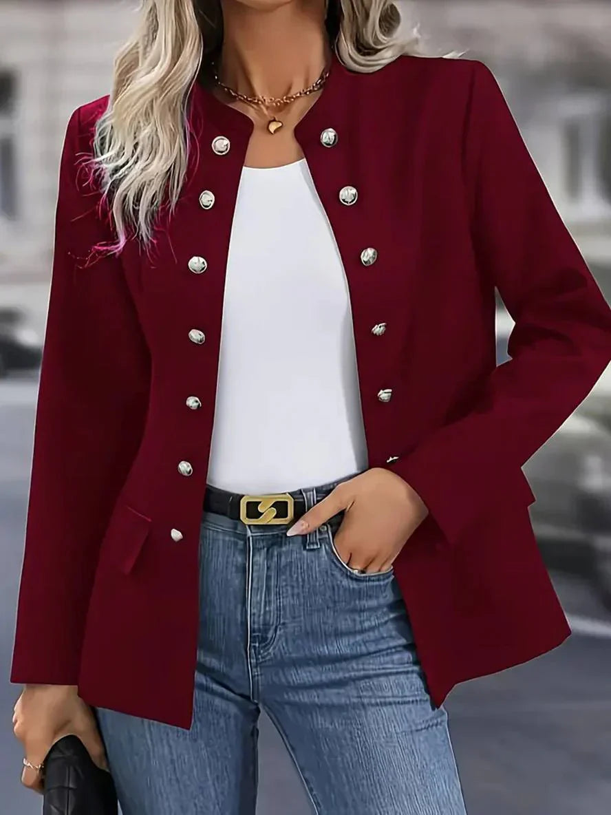 Elegant women's military button-down blouse with long sleeves, sophisticated fashion.