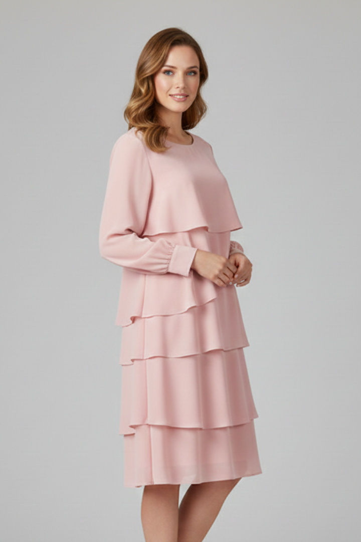 Versatile women's flowy tiered midi dress; elegant long sleeves, ideal for chic casual wear.