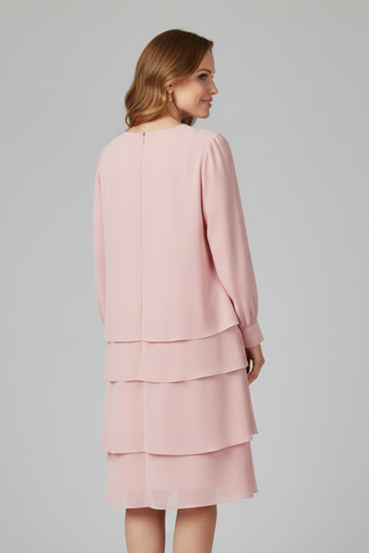 Comfortable women's long sleeve tiered midi dress, knee-length, with a stylish round neck.