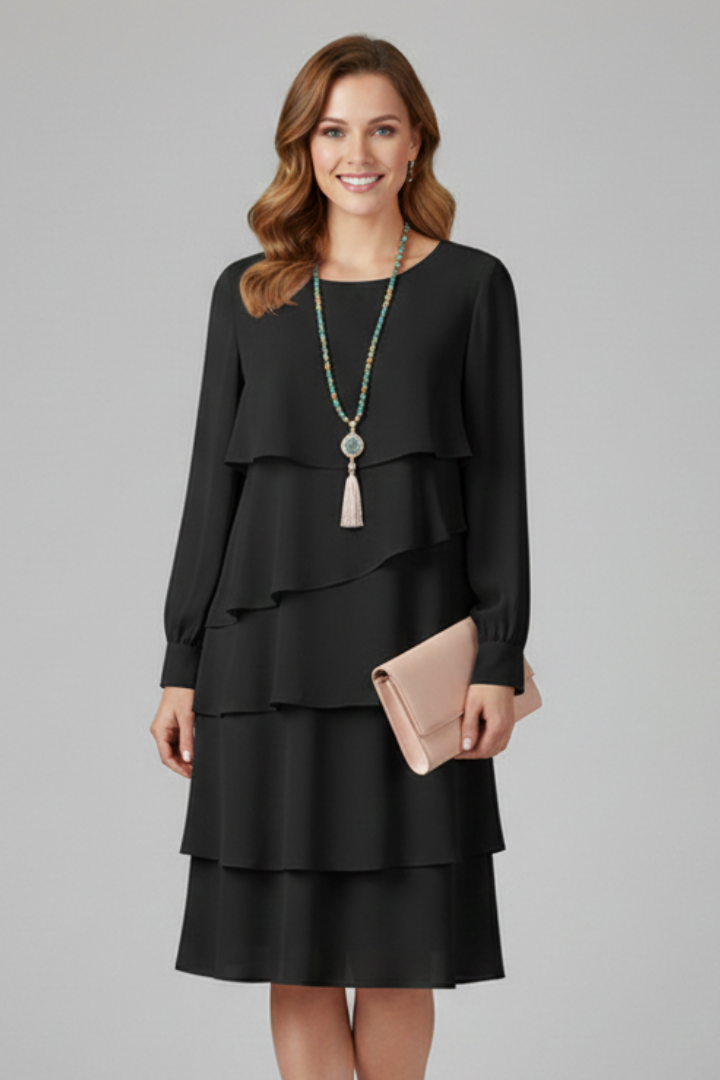 Elegant women's midi dress with long sleeves and a beautiful tiered design, perfect for chic fashion.