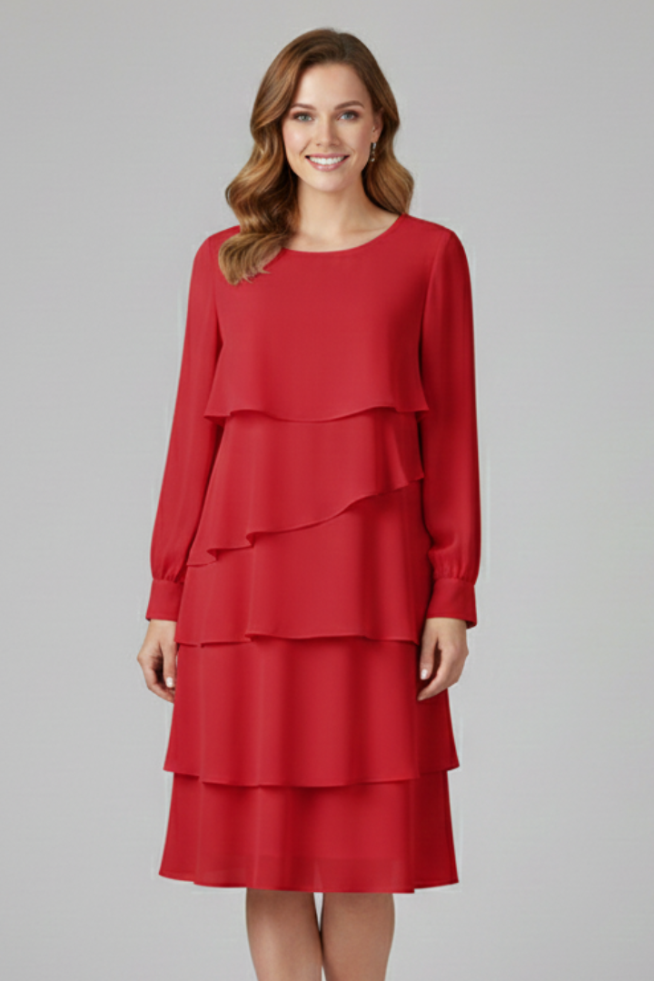 Stylish women's midi dress, long sleeve & tiered. A versatile knee-length dress for modern women's fashion.