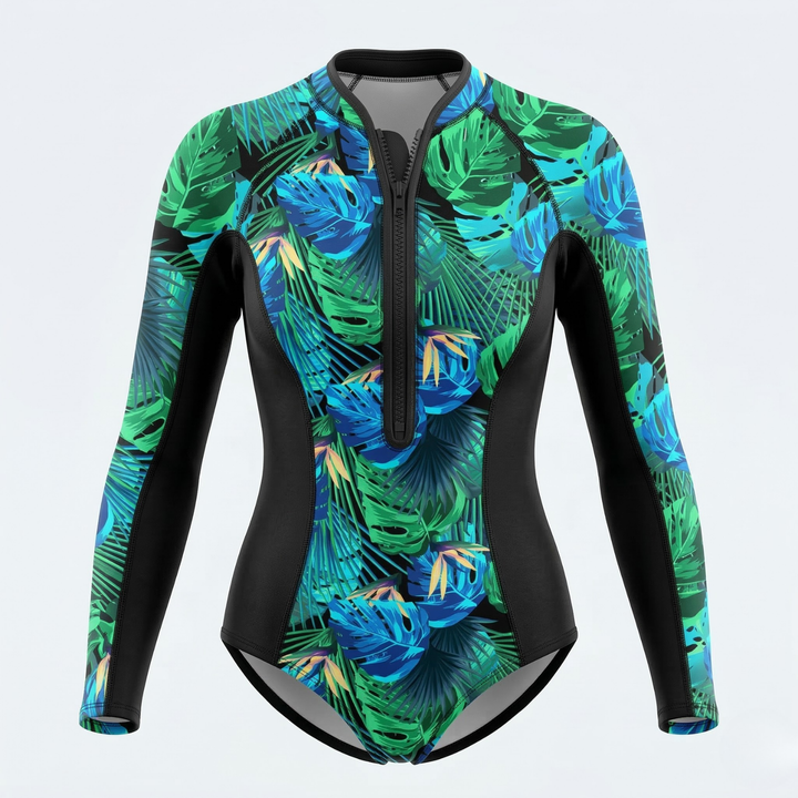 Quick-dry women's long sleeve tropical print surf suit. Provides excellent UPF sun protection for summer activities.