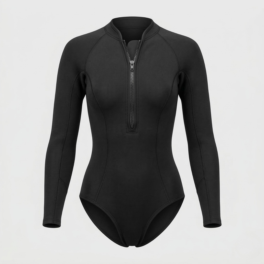 Chic women's long sleeve tropical print surf suit. Versatile swimwear for swimming, surfing & stylish beachwear.