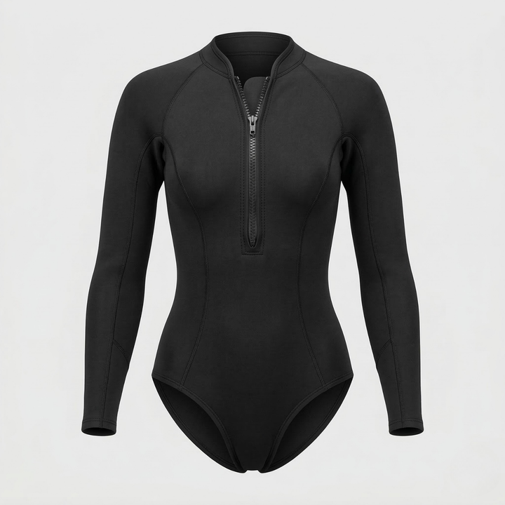 Chic women's long sleeve tropical print surf suit. Versatile swimwear for swimming, surfing & stylish beachwear.
