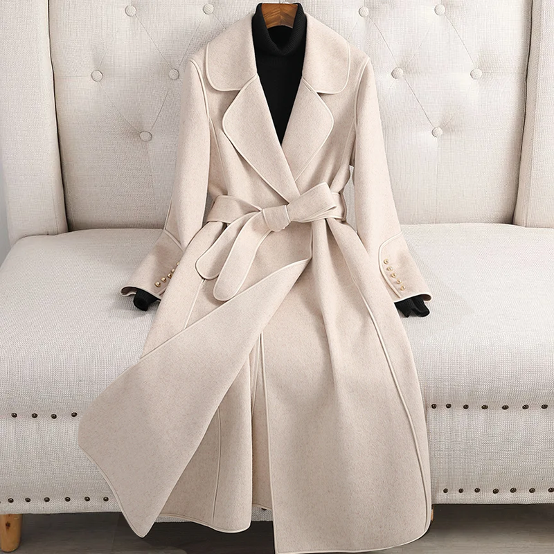 Women's tailored fit long trench coat. Belted outerwear, ideal spring & fall jacket, chic & classic ladies' style.