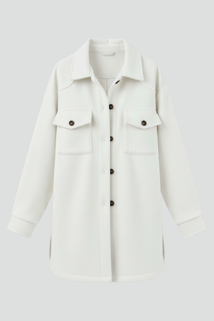 Women's longline button-front shirt jacket with collar. Perfect casual outerwear, layering piece.