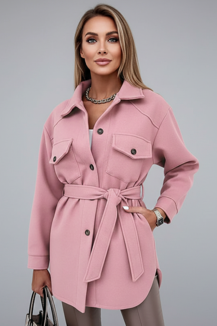 Women's button-front longline shirt jacket. Stylish collared shacket for fall fashion & spring style.