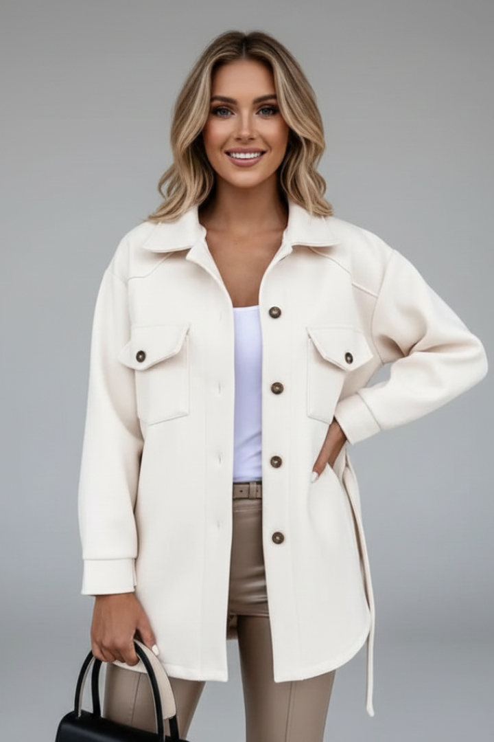 White women's longline shacket with button front & collar. Versatile fall/spring layering jacket.