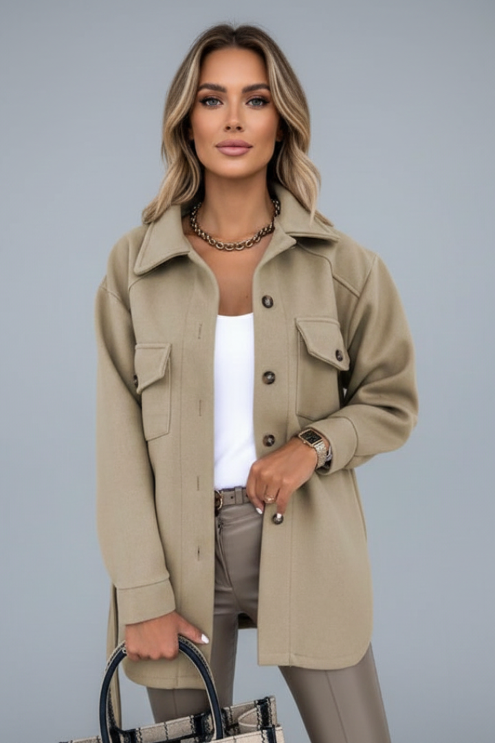 Caramel women's longline shirt jacket. Button-front, collared outerwear for versatile fall fashion.