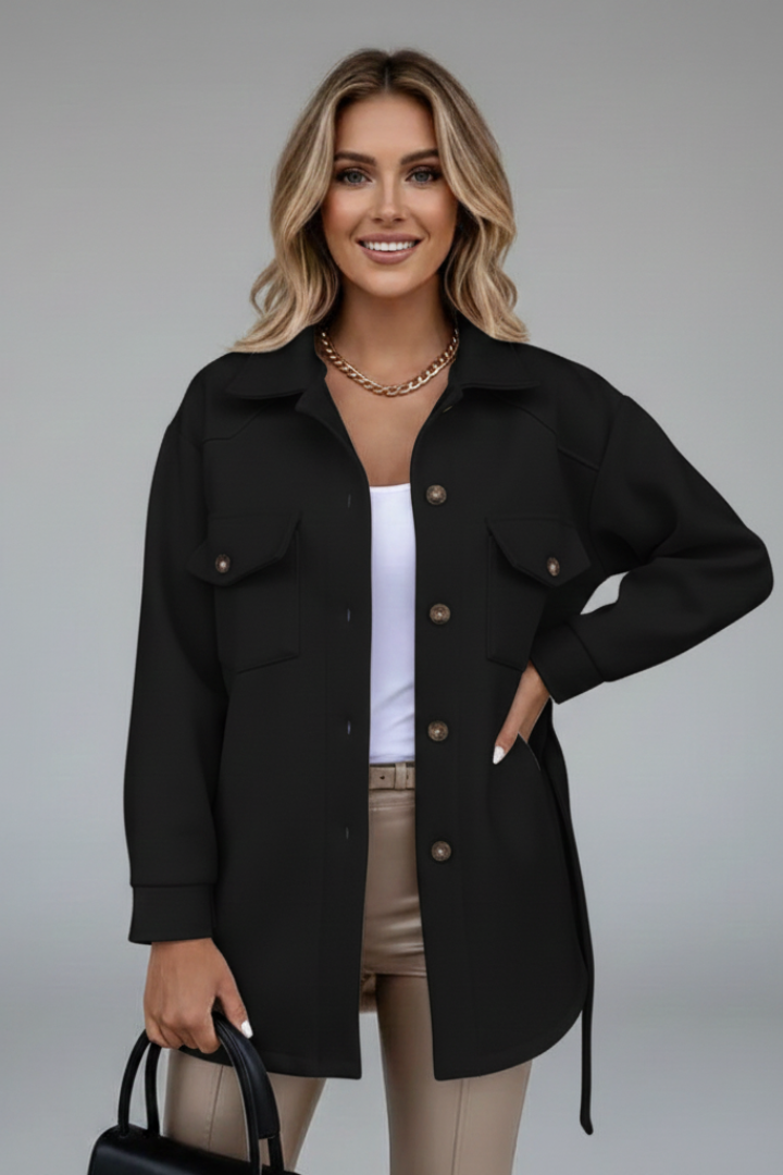 Yellow women's casual longline button-front shirt jacket with collar. Great for spring layering.