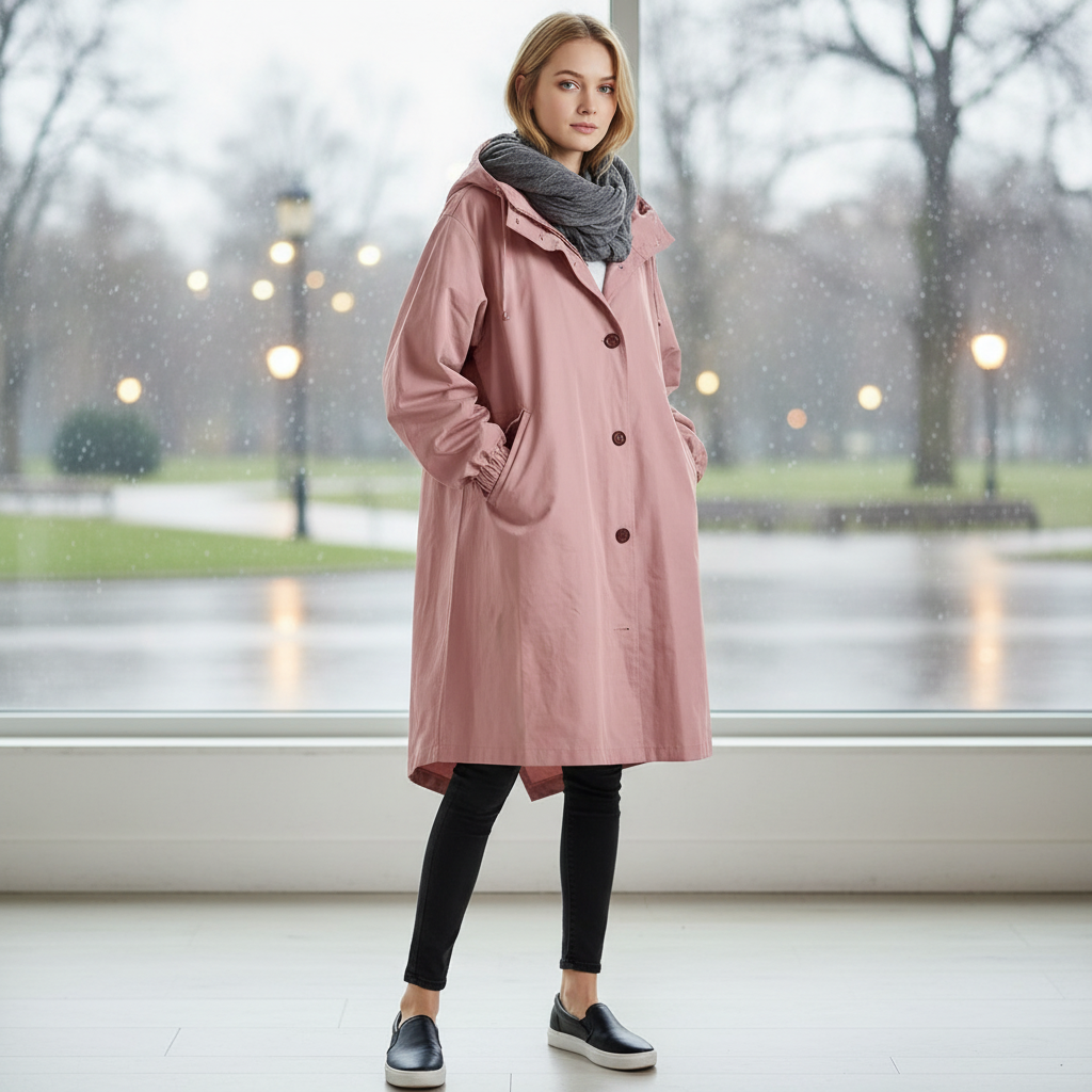 Women's longline hooded rain jacket, water resistant for all-weather protection. Lightweight casual outdoor wear.