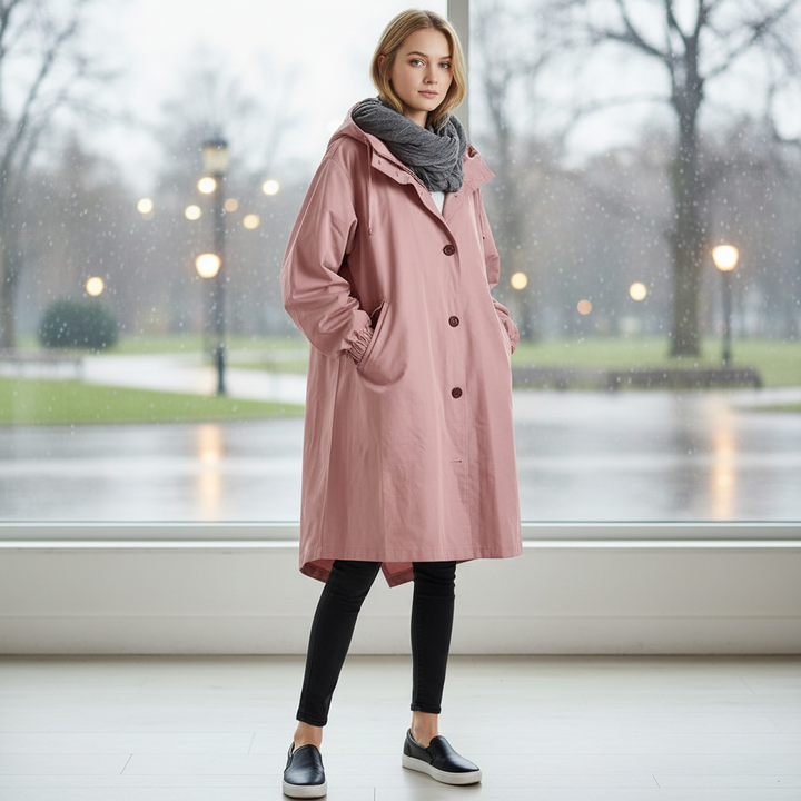 Women's longline hooded rain jacket, water resistant for all-weather protection. Lightweight casual outdoor wear.