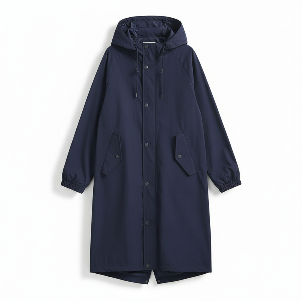 Versatile women's longline hooded rain jacket, water resistant for all-weather protection, ideal for travel.