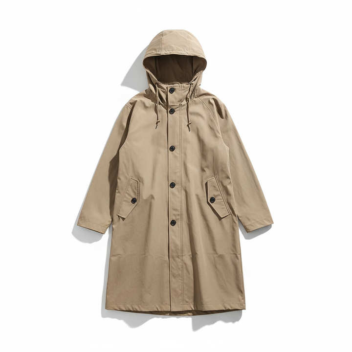 Durable women's water resistant hooded rain jacket, longline fit, perfect casual coat for outdoor adventures.