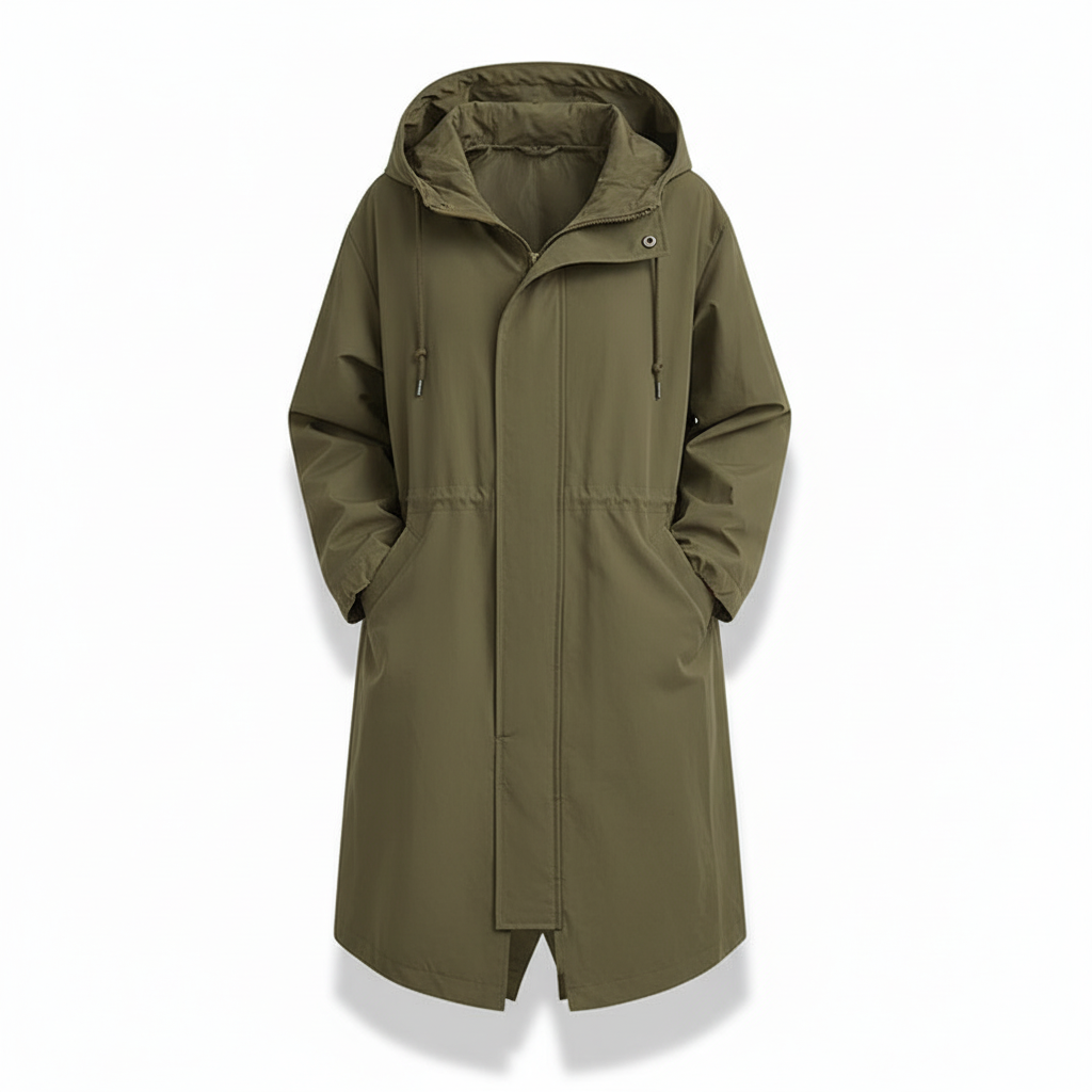 Longline women's rain jacket with hood, water resistant, offering extended coverage for ultimate outdoor protection.
