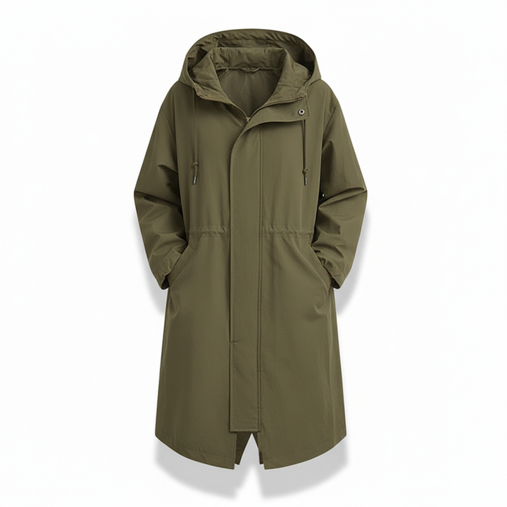 Longline women's rain jacket with hood, water resistant, offering extended coverage for ultimate outdoor protection.