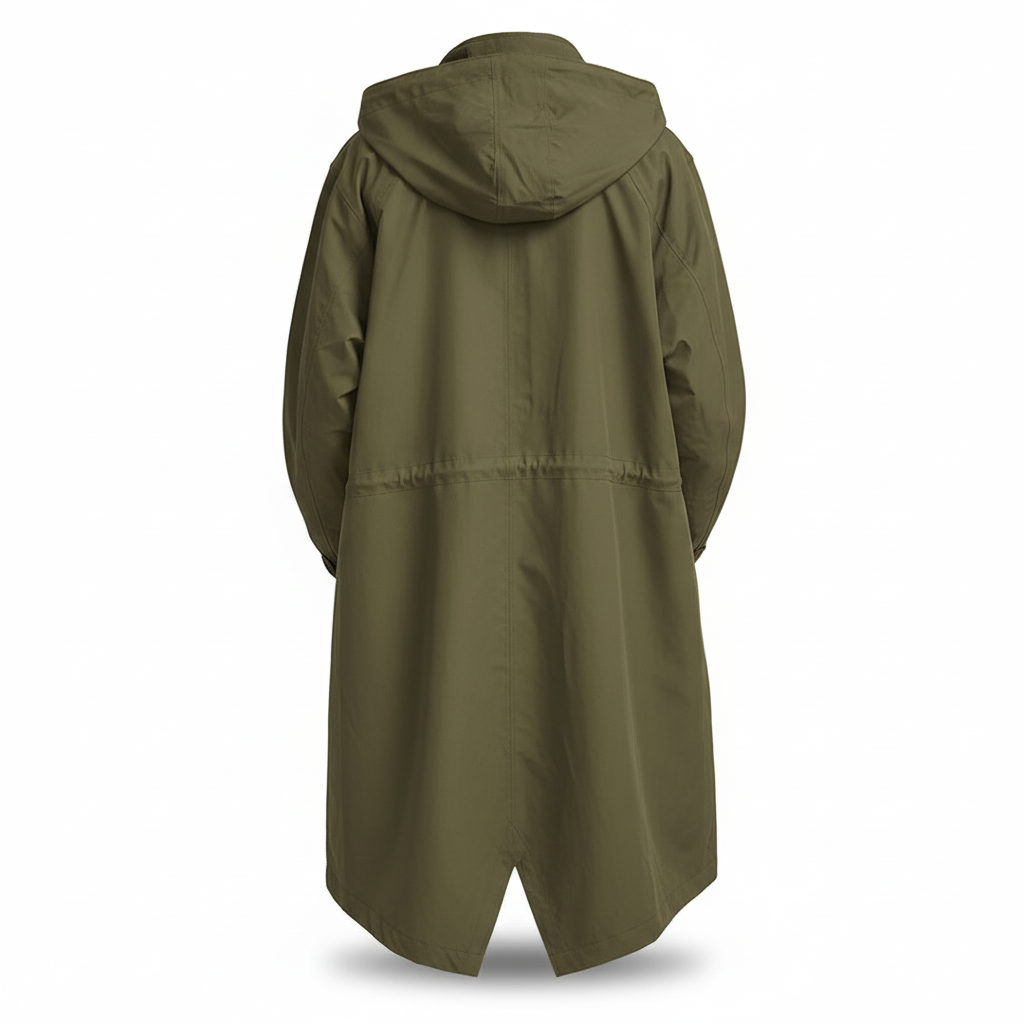 Women's longline water resistant rain jacket, hooded, lightweight outdoor wear & travel coat for all-weather.