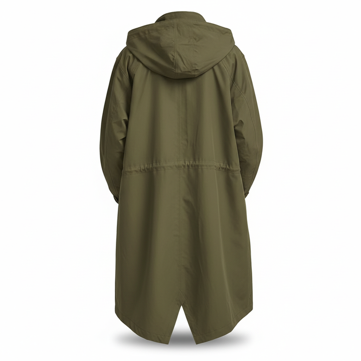 Women's longline water resistant rain jacket, hooded, lightweight outdoor wear & travel coat for all-weather.