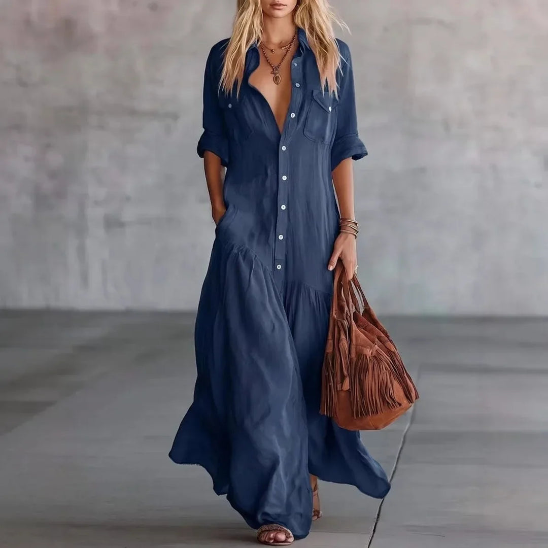 Women's loose-fit tiered maxi dress with button-down front, perfect for casual summer days and comfortable travel.