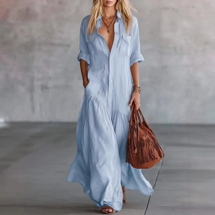 Effortless women's tiered button-down maxi dress for everyday wear, featuring a comfortable loose fit and flowy summer style.