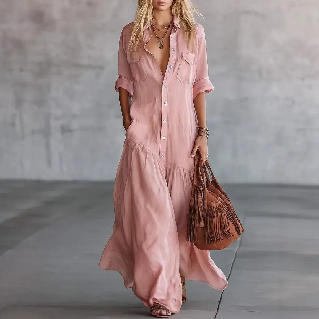 Stylish women's loose tiered maxi dress with button detail, ideal as a casual summer dress or comfortable travel outfit.