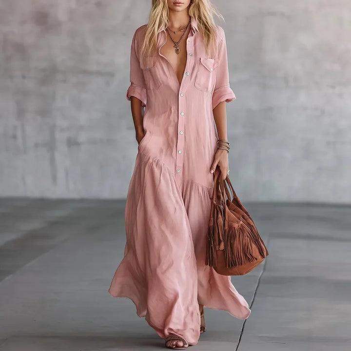 Stylish women's loose tiered maxi dress with button detail, ideal as a casual summer dress or comfortable travel outfit.
