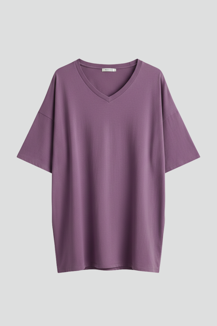 Women's loose V-neck t-shirt. Comfortable short sleeve casual top for everyday wear and summer fashion.