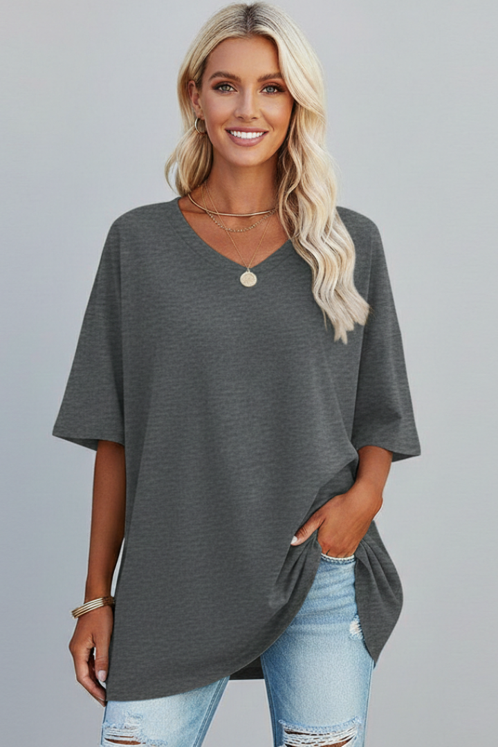 Effortless style: Women's V-neck t-shirt, relaxed fit, plain tee with dropped shoulders.