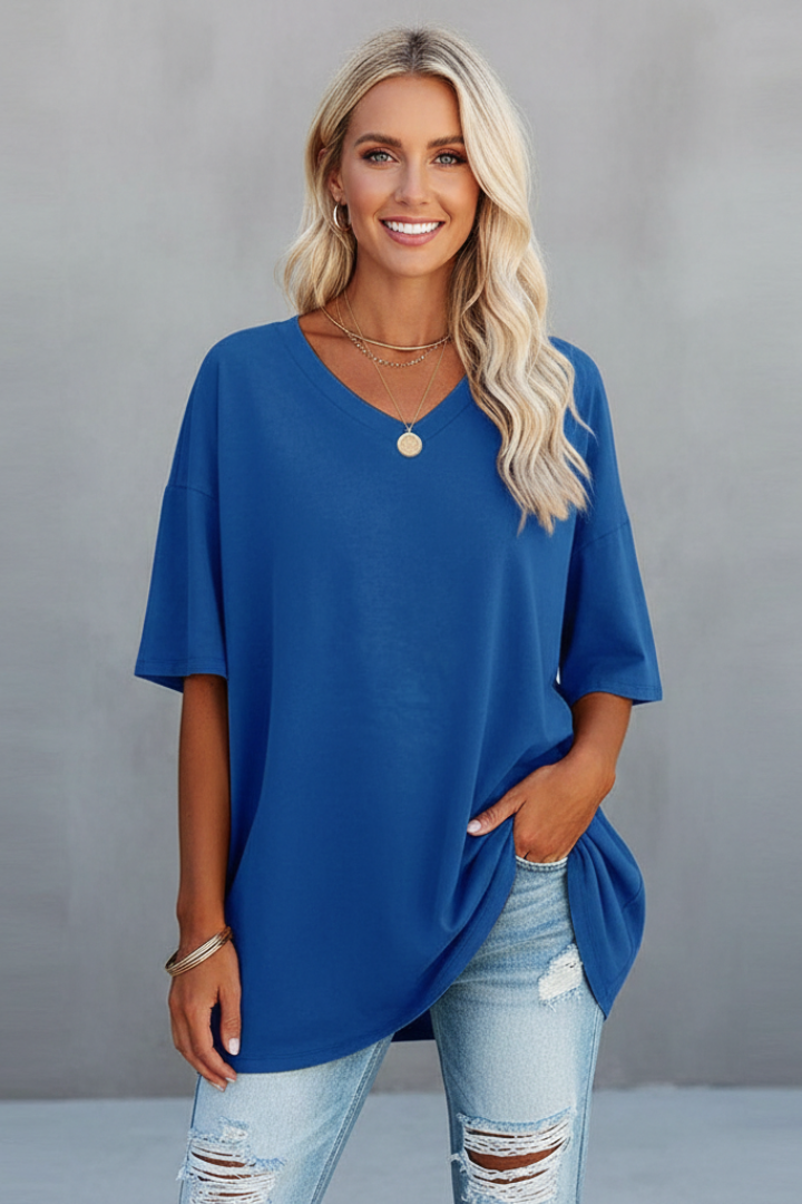 Stylish women's everyday V-neck t-shirt. Relaxed fit pullover, a plain tee for comfort.