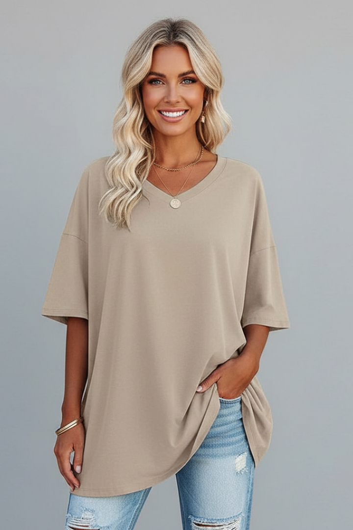 Women's summer fashion V-neck t-shirt. Loose fit, short sleeve, comfortable and casual.