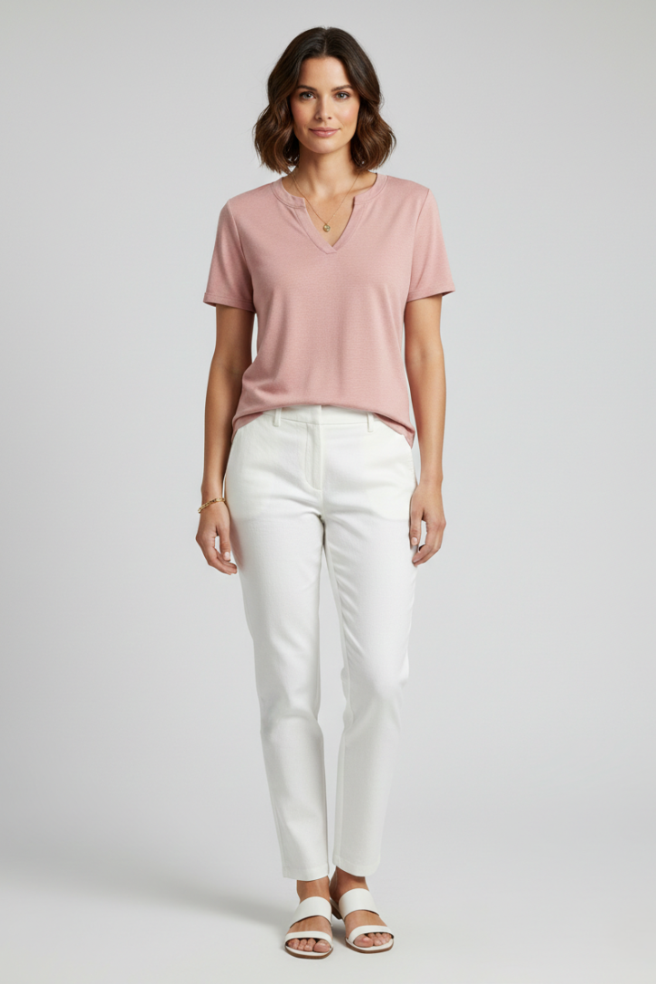 Women's comfortable pullover V-neck t-shirt. Relaxed fit, stylish for summer fashion.