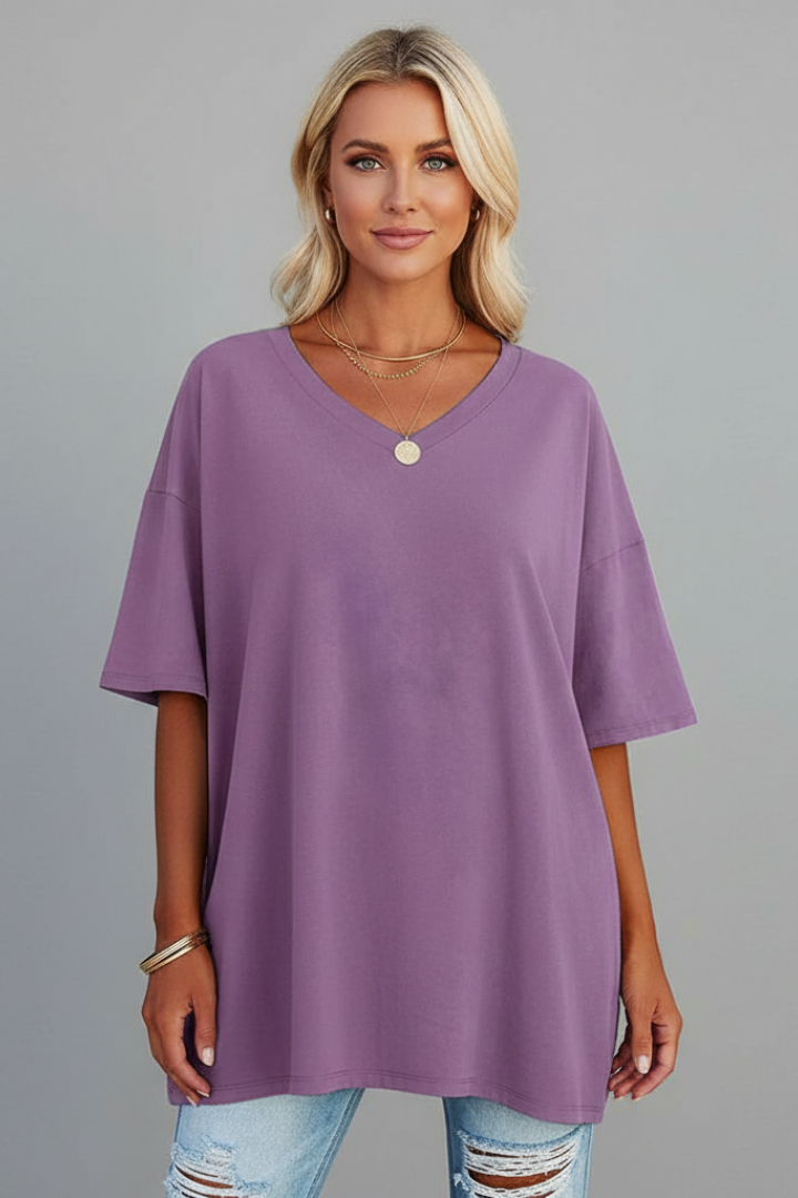 Stylish women's relaxed fit V-neck tee with dropped shoulders. Perfect plain pullover for comfort.