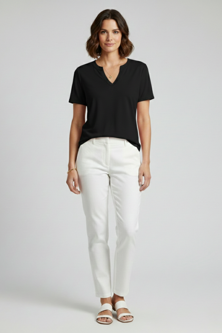 Relaxed V-neck t-shirt for women. Stylish plain tee with dropped shoulder for effortless comfort.