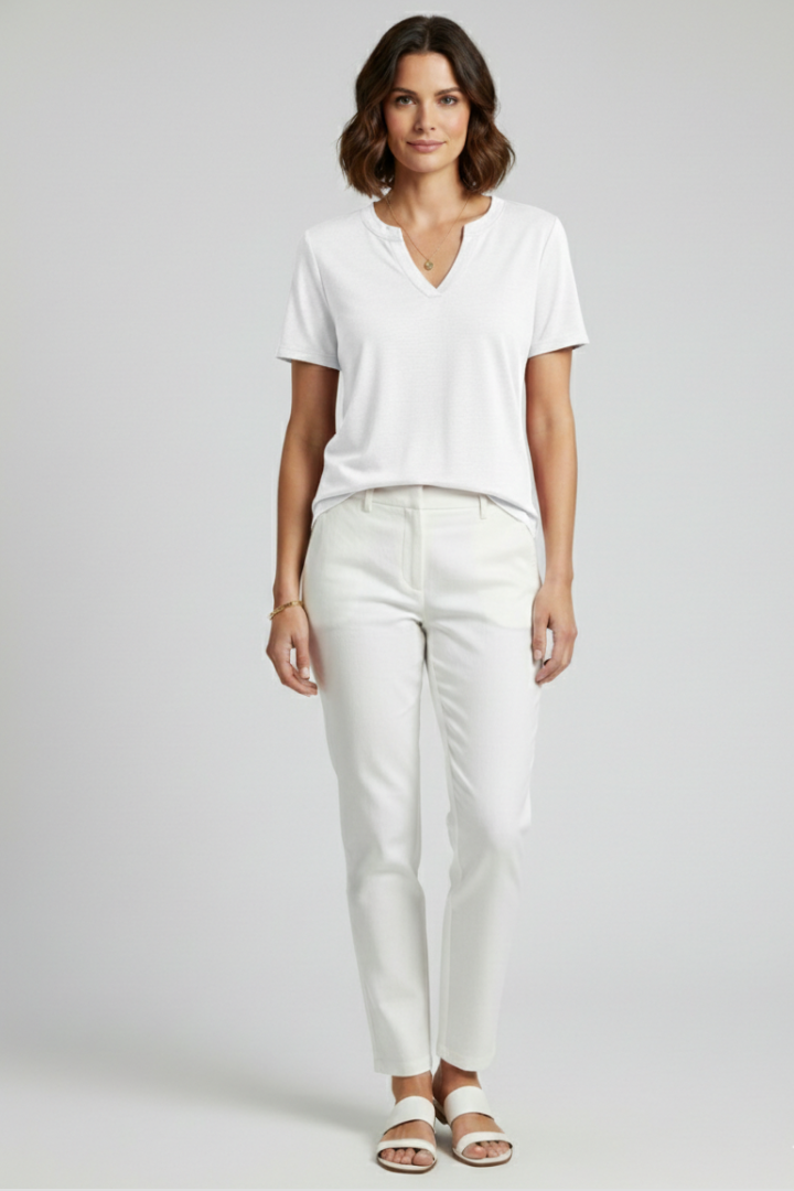 Versatile women's short sleeve V-neck, loose fit. Comfortable casual top for everyday fashion.