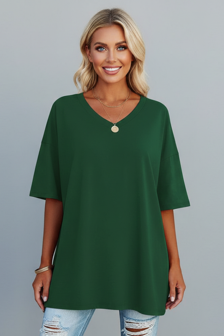 Women's casual V-neck top. Relaxed fit, short sleeve plain tee for stylish summer fashion.