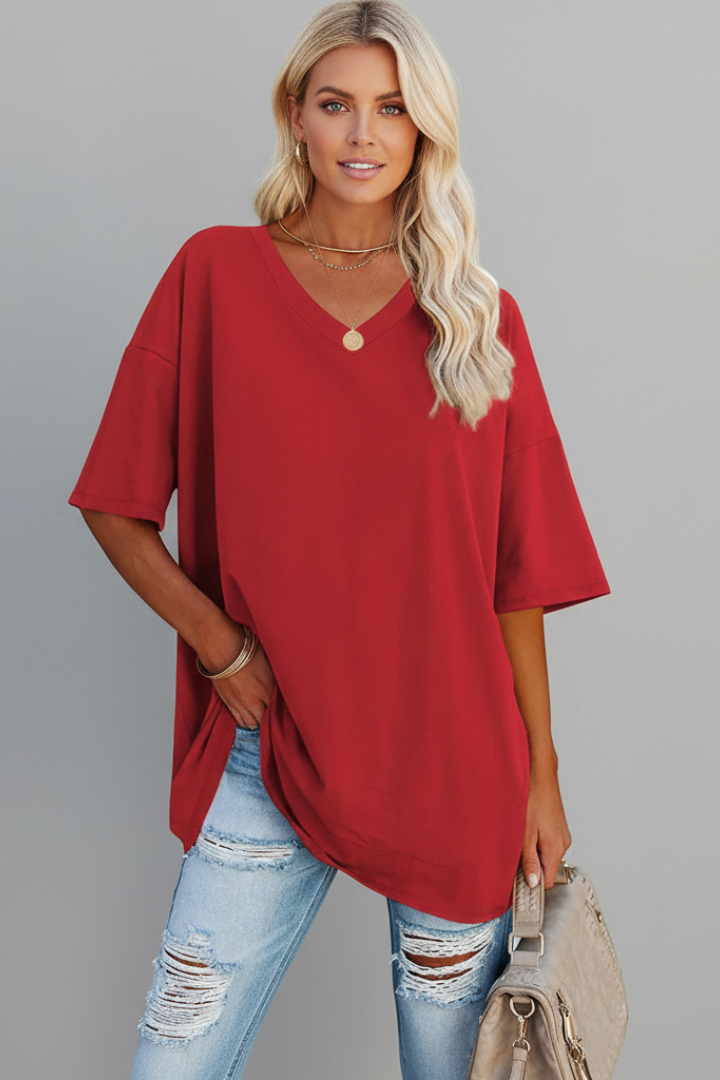 Loose fit women's V-neck t-shirt. A comfortable short sleeve pullover for versatile everyday wear.