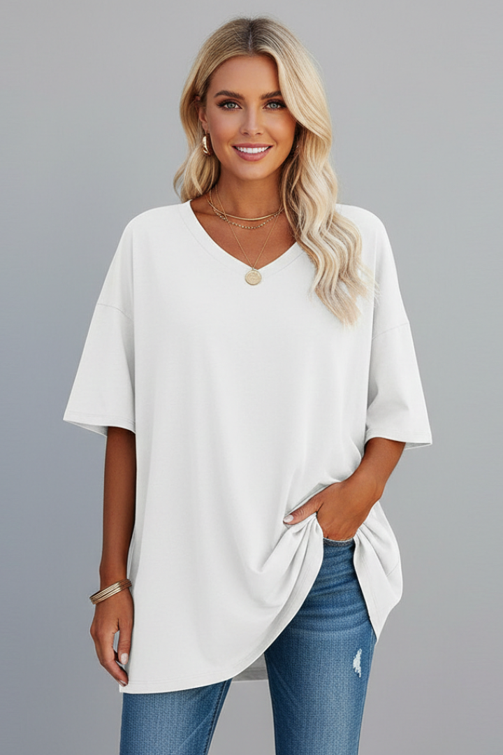 Relaxed fit women's V-neck pullover. Short sleeve plain tee for ultimate comfort and summer fashion.
