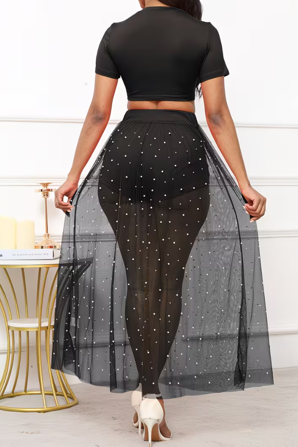 Women's 3-piece beach set with a stylish cropped top, sheer pearl skirt, and matching summer cover-up.