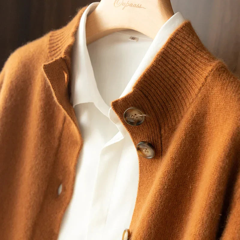Side profile of the women's Luxe Cashmere Blend Cardigan worn casually