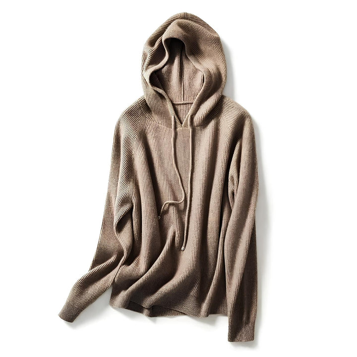 Detail of the hoodie's drawstring and hood, luxe knit material visible