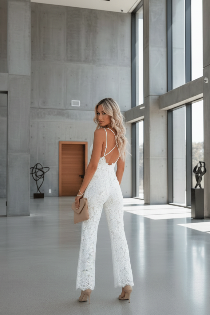 Full length luxurious women's wide leg jumpsuit, a versatile and elegant choice for any event.