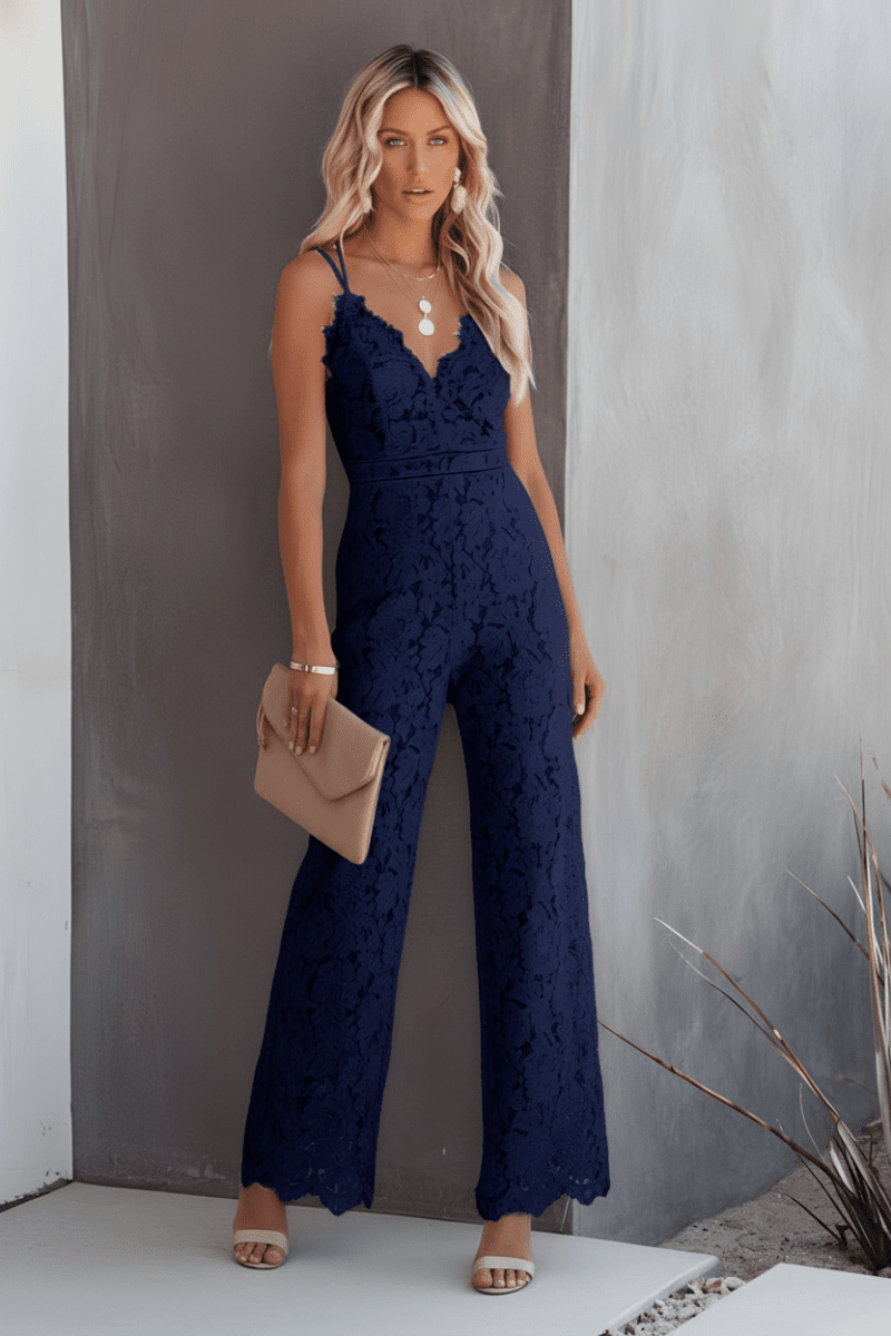 Modern fashion women's wide leg jumpsuit; a chic and comfortable full-length option for evening wear.