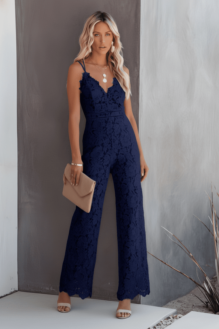 Modern fashion women's wide leg jumpsuit; a chic and comfortable full-length option for evening wear.