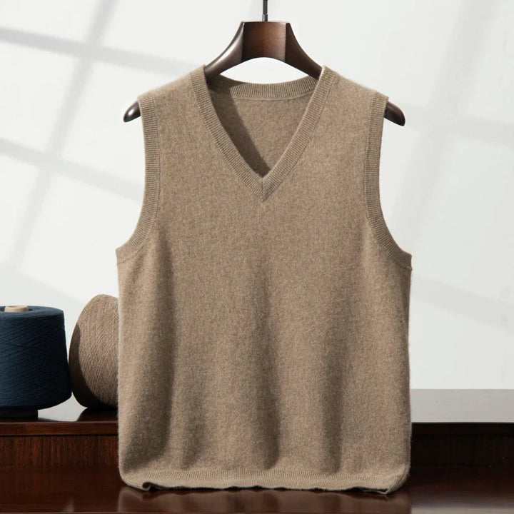 Classic women's V-neck cashmere vest, a versatile and soft knitwear layering piece.