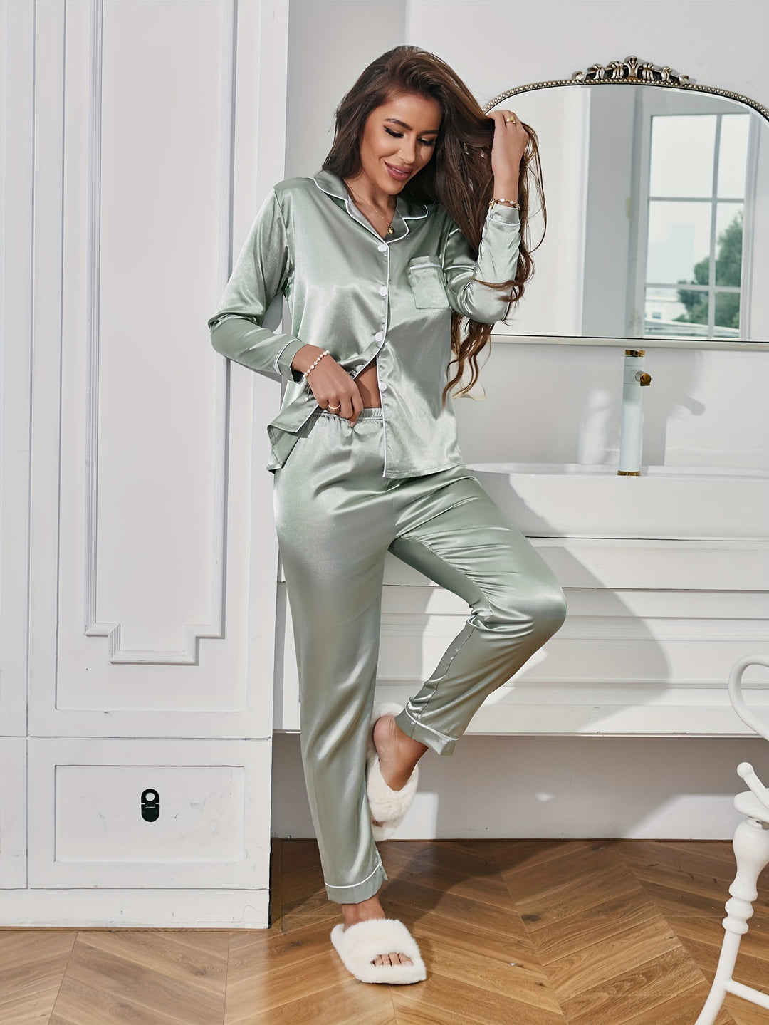 Sophisticated women's silk nightwear set. Comfortable two-piece design for luxurious sleeping.