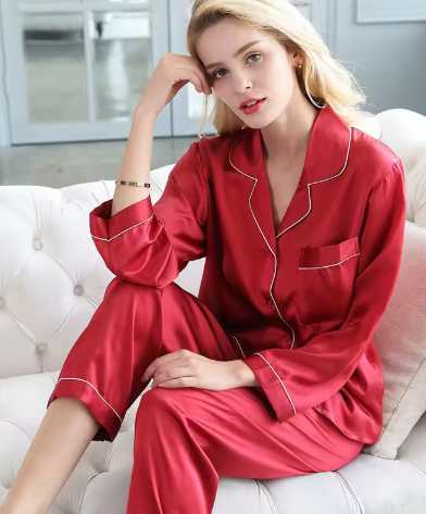 Comfortable women's silk pajama set. Two-piece loungewear for a relaxing night or morning.