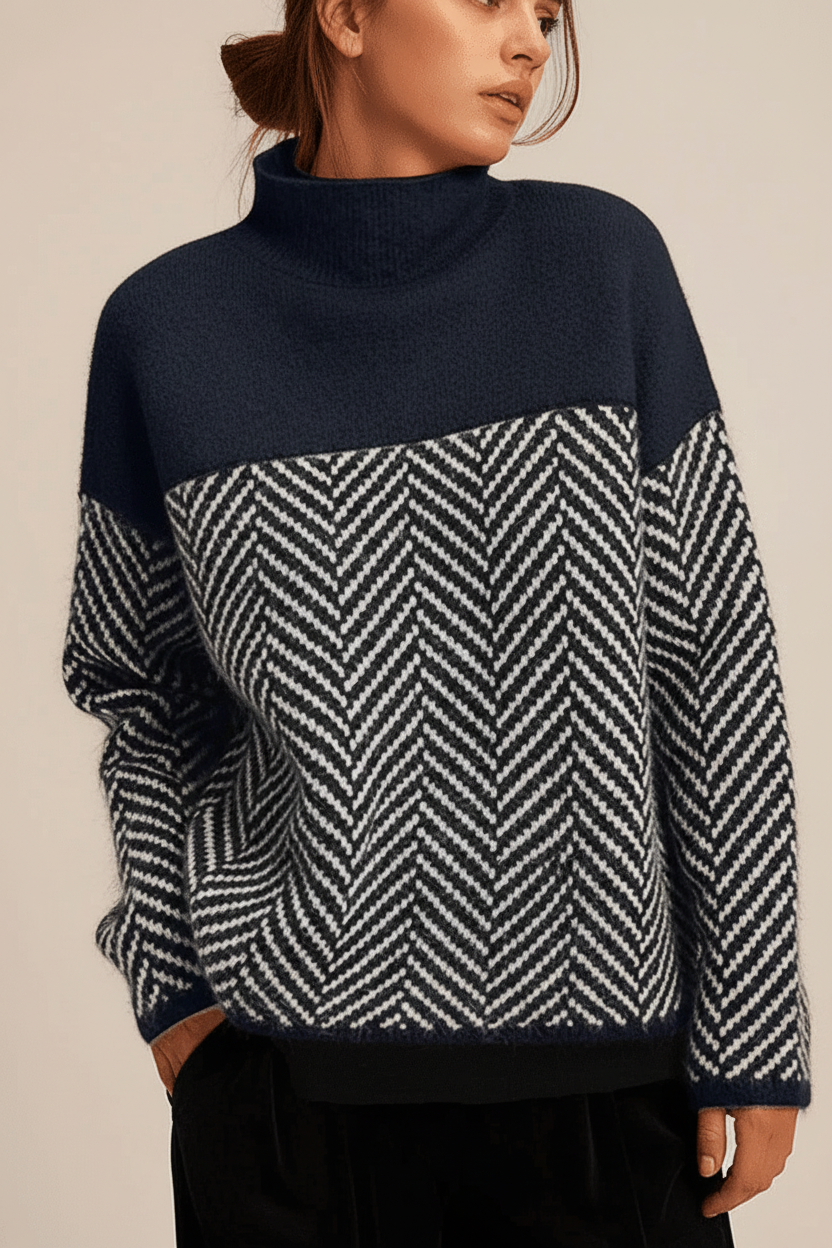 Warm women's knit top, a stand-up collar sweater. Perfect cozy wear for elegant fall and winter outfits.